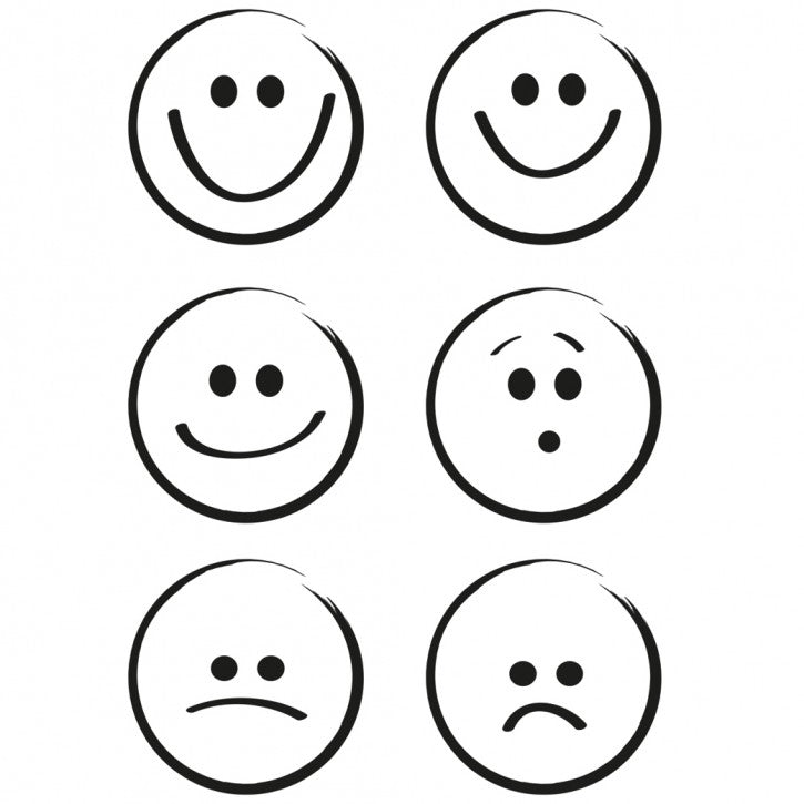 Sechs verschiedene Smiley-Gesichter, dargestellt in klaren schwarz-weißen Linien. Enthält fröhliche, nachdenkliche und traurige Emojis. Perfekt für kreative Anwendungen mit dem Stempel Clear, Smile von easy-sticks.
