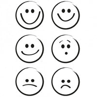Sechs verschiedene Smiley-Gesichter, dargestellt in klaren schwarz-weißen Linien. Enthält fröhliche, nachdenkliche und traurige Emojis. Perfekt für kreative Anwendungen mit dem Stempel Clear, Smile von easy-sticks.
