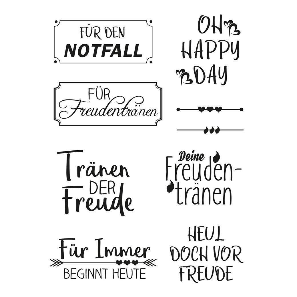 Gestaltung von Stempeln für verschiedene Anlässe: "Für den Notfall", "Für Freudentränen", "Oh Happy Day" und mehr. Diese kreative Stempelserie von easy-sticks bietet transparente, hochwertige Photopolymer-Stempel, die ideal für besondere Momente sind.