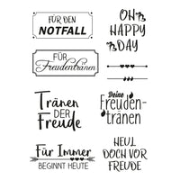 Gestaltung von Stempeln für verschiedene Anlässe: "Für den Notfall", "Für Freudentränen", "Oh Happy Day" und mehr. Diese kreative Stempelserie von easy-sticks bietet transparente, hochwertige Photopolymer-Stempel, die ideal für besondere Momente sind.