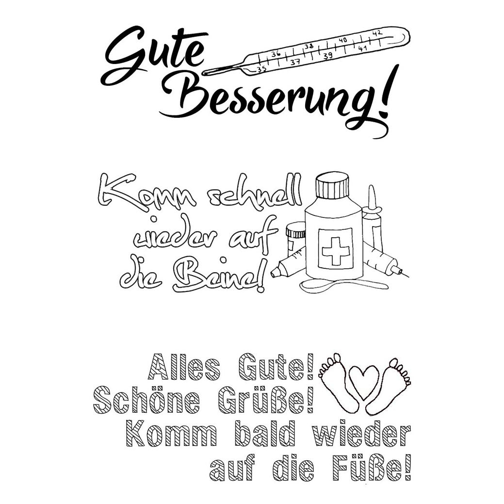 Transparente Stempel von easy-sticks mit dem Motiv 'Gute Besserung!' und weiteren Heilungsbotschaften, ideal für Geschenkkarten und Bastelprojekte in A7 Größe.
