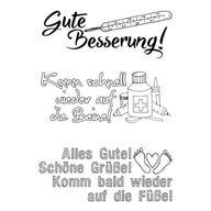 Transparente Stempel von easy-sticks mit dem Motiv 'Gute Besserung!' und weiteren Heilungsbotschaften, ideal für Geschenkkarten und Bastelprojekte in A7 Größe.