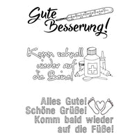 Transparente Stempel von easy-sticks mit dem Motiv 'Gute Besserung!' und weiteren Heilungsbotschaften, ideal für Geschenkkarten und Bastelprojekte in A7 Größe.