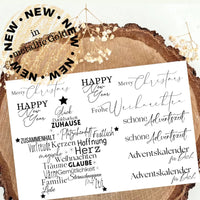 Goldene Randlose Rub On UV Sticker von easy-sticks in metallic Gold für Weihnachtsprojekte. Enthält verschiedene festliche Sprüche und Motive wie „Frohe Weihnachten“ und „Happy New Year“, ideal für kreative DIY Projekte.
