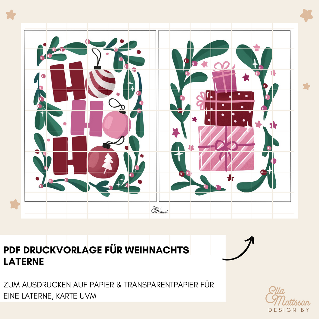 PDF Druckvorlage für eine festliche HoHoHo Laterne von easy-sticks. Enthält kreative Designs mit Weihnachtsmotiven, perfekt für individuelles Basteln und Dekorieren.