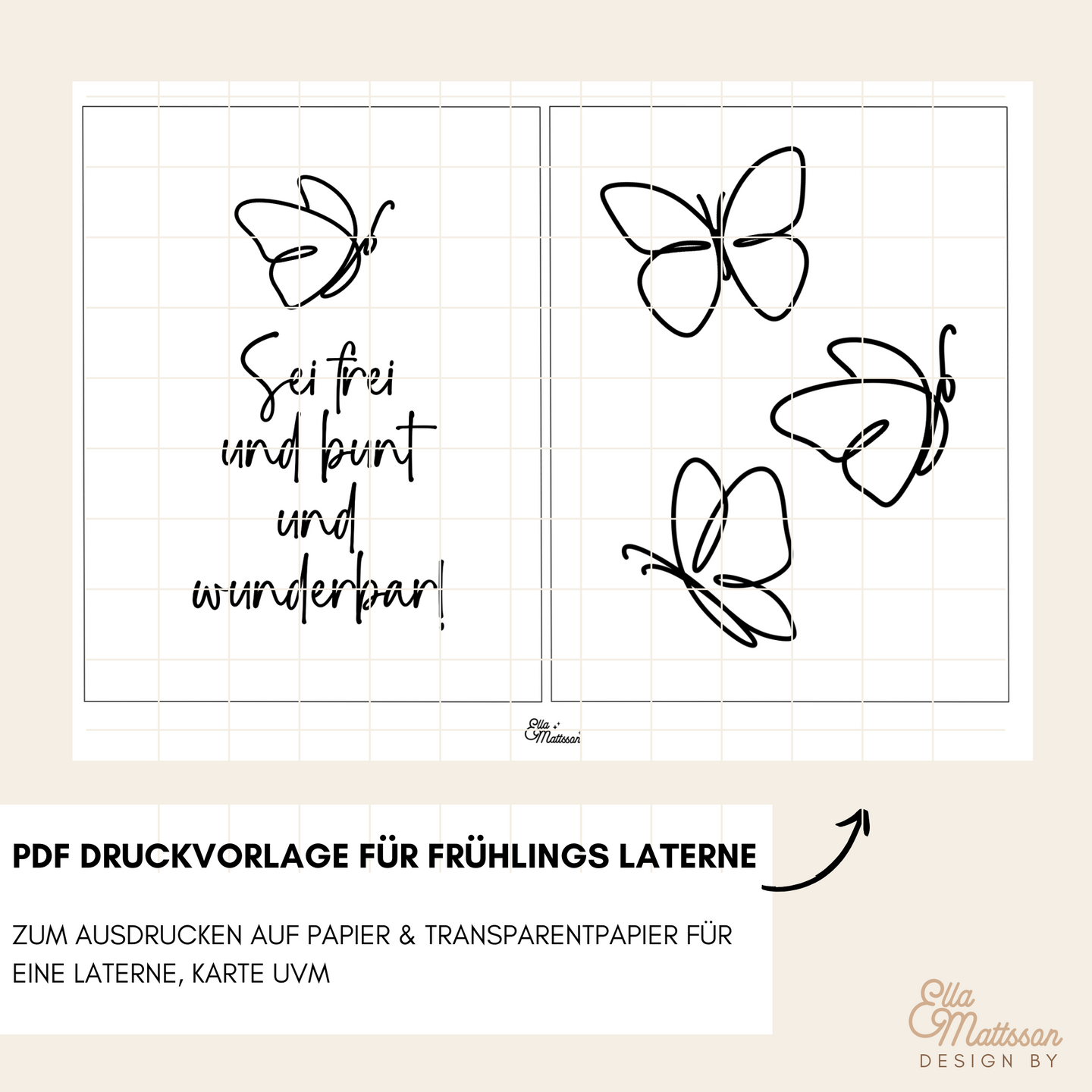 PDF Druckvorlage für die "Sei frei und bunt und wunderbar!" Schmetterling Laterne von easy-sticks. Enthält fröhliche Schmetterlingsmotive zum Ausdrucken auf Papier und Transparentpapier für kreative Frühlingserlebnisse.