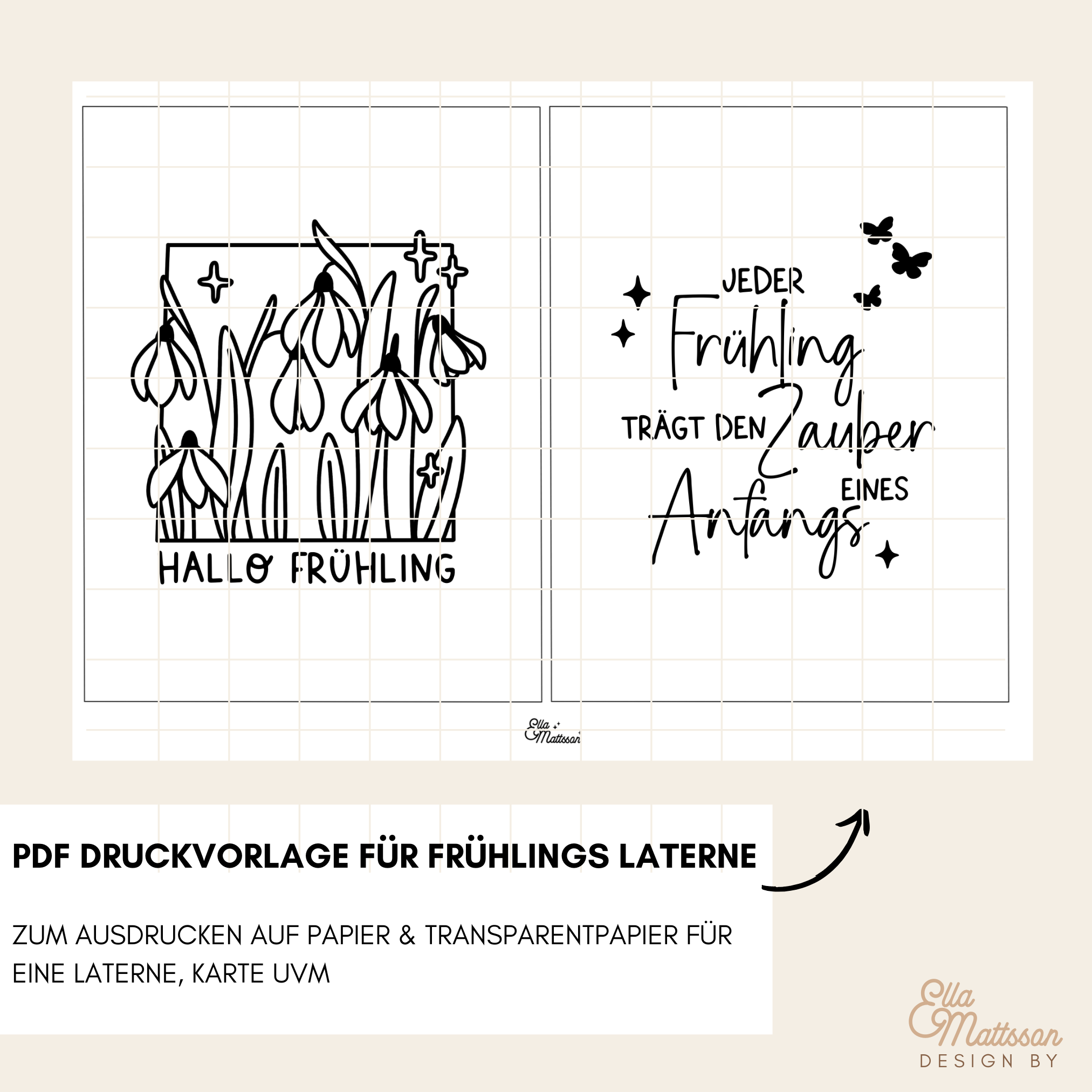 PDF Druckvorlage für die "Hallo Frühling Schneeglöckchen" Laterne von easy-sticks, mit einem kreativen und fröhlichen Design, das Frühlingsgefühle weckt.