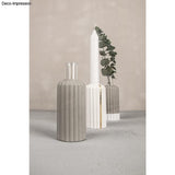 Designbeispiel der Silikonform "Vase geriffelt" von Easy-Sticks, präsentiert mehrere stilvolle Vasen aus Kreativ-Beton und einer dekorativen Pflanze.