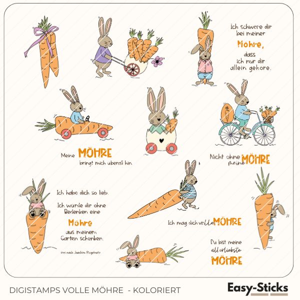 Bunte Digistamps von Easy-Sticks mit dem Titel 'Volle Möhre', zeigen fröhliche Osterhasen, die mit Möhren spielen und Ostern feiern.