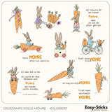 Bunte Digistamps von Easy-Sticks mit dem Titel 'Volle Möhre', zeigen fröhliche Osterhasen, die mit Möhren spielen und Ostern feiern.