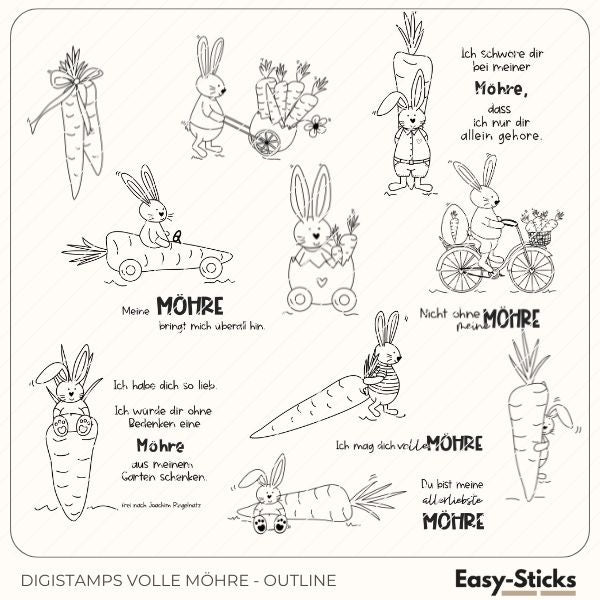 Schwarz-weiße Outline-Digistamps von Easy-Sticks mit dem Titel 'Volle Möhre', präsentieren liebevolle Osterhasen und kreative Möhrenmotive für Bastelprojekte.