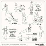 Schwarz-weiße Outline-Digistamps von Easy-Sticks mit dem Titel 'Volle Möhre', präsentieren liebevolle Osterhasen und kreative Möhrenmotive für Bastelprojekte.