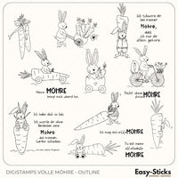 Schwarz-weiße Outline-Digistamps von Easy-Sticks mit dem Titel 'Volle Möhre', präsentieren liebevolle Osterhasen und kreative Möhrenmotive für Bastelprojekte.
