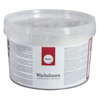Wachslinsen Dose 1500g, weiß von easy-sticks: Eine transparente Verpackung zeigt die weißen Wachslinsen, hochwertig auf 100% Paraffinbasis, ideal für das kreative Kerzen-Design.