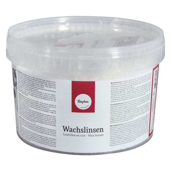 Wachslinsen Dose 1500g, weiß von easy-sticks: Eine transparente Verpackung zeigt die weißen Wachslinsen, hochwertig auf 100% Paraffinbasis, ideal für das kreative Kerzen-Design.