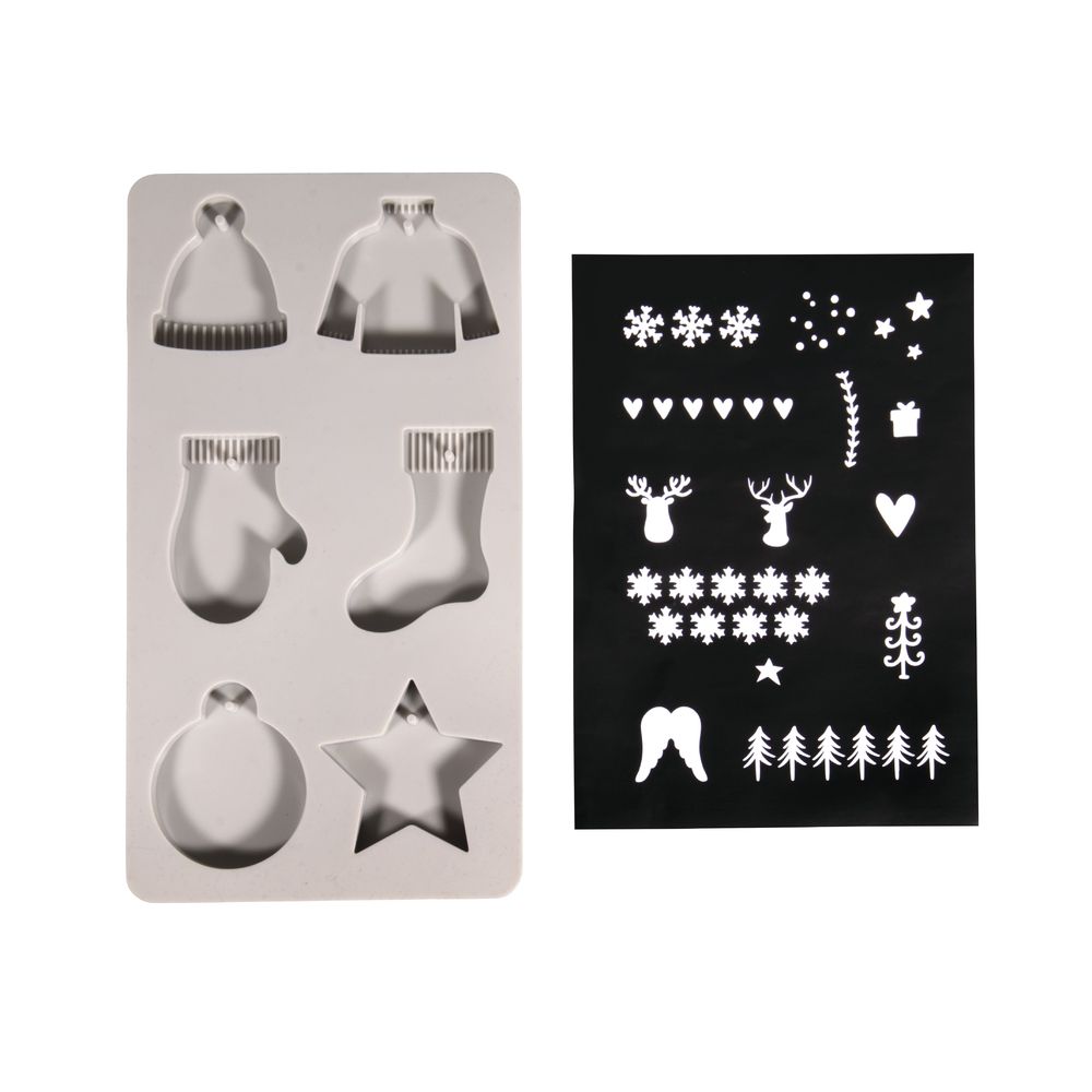 Silikon-Gießform Winter von easy-sticks mit 6 weihnachtlichen Motiven, ideal für DIY-Deko-Anhänger.