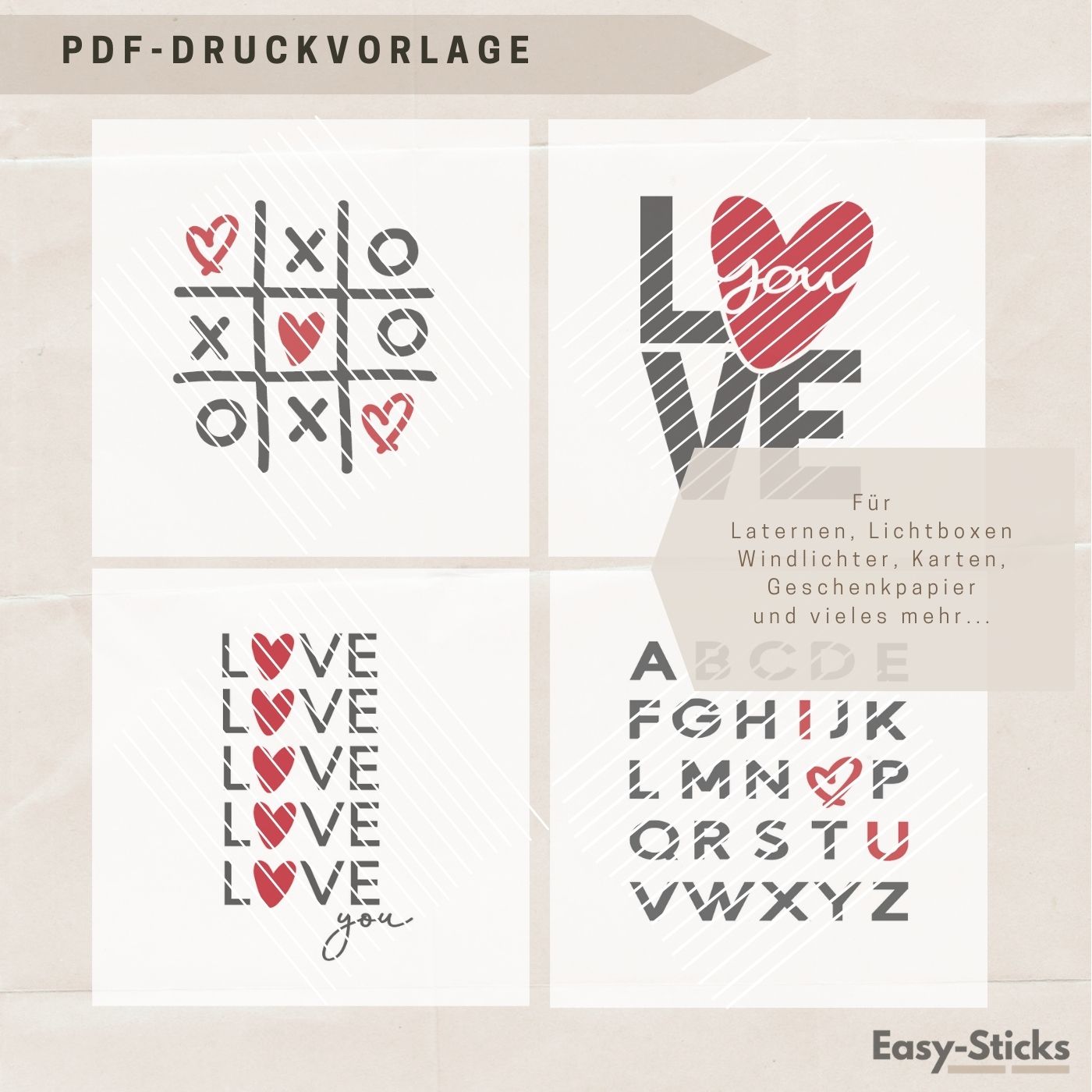 Farbenfrohe PDF Druckvorlage für Laternen und Lichtboxen von Easy-Sticks. Motiv mit Herzen und der Botschaft 'LOVE'. Ideal für kreative DIY Geschenke mit persönlichem Touch.