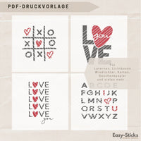 Farbenfrohe PDF Druckvorlage für Laternen und Lichtboxen von Easy-Sticks. Motiv mit Herzen und der Botschaft 'LOVE'. Ideal für kreative DIY Geschenke mit persönlichem Touch.