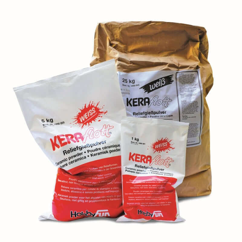 Keraflott Reliefgießpulver von Easy-Sticks in verschiedenen Größen: 1 kg, 5 kg und 25 kg, entdecke hohe Abformgenauigkeit und kreative Möglichkeiten.