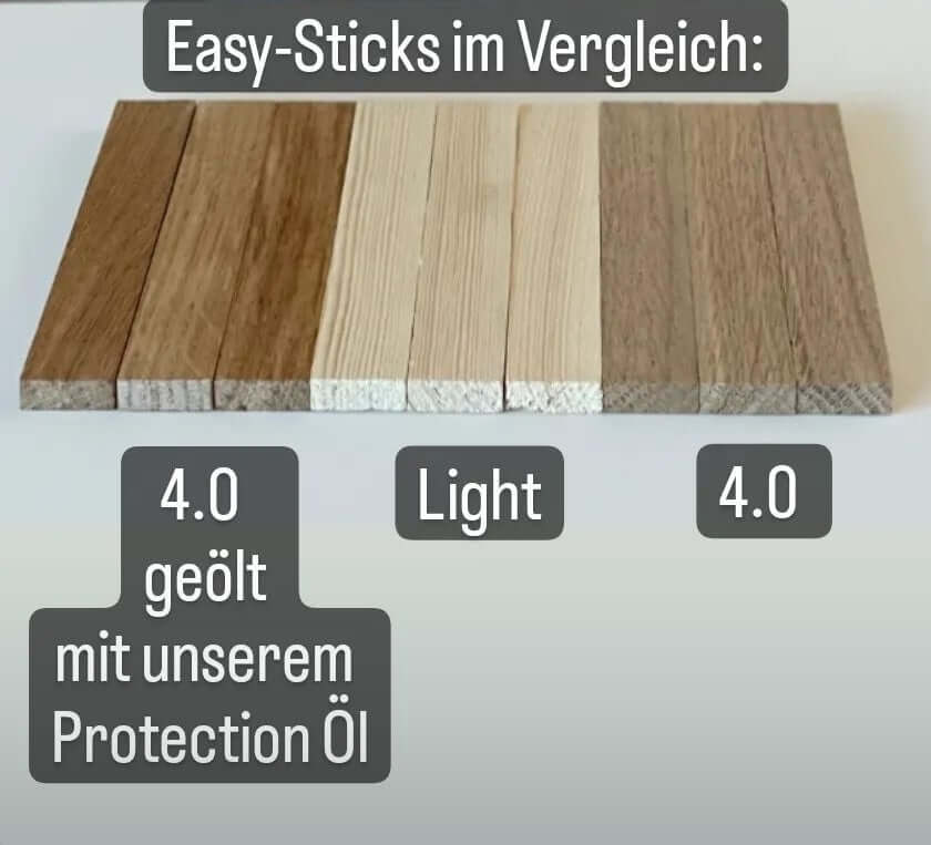 Easy-Sticks Muster Set - Ideal zum Kennenlernen: Vergleich der Holzarten 4.0 geölt, Light und 40.0 in einer ansprechenden Anordnung.