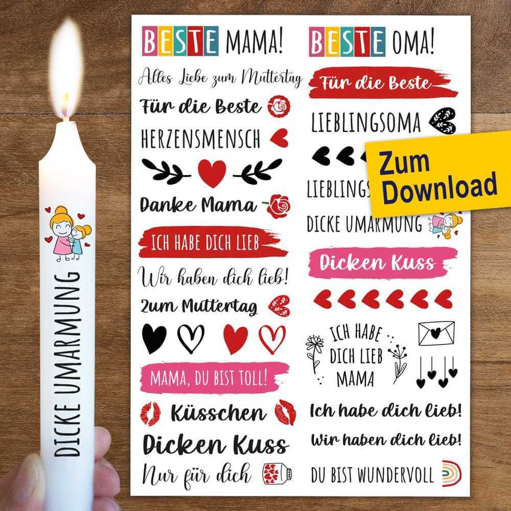 Kerzenstickervorlage mit Muttertags-Motiven für die beste Mama von easy-sticks, präsentiert auf Wachs mit liebevollen Aufschriften und Designs zum Downloaden.