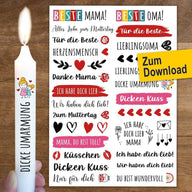 Kerzenstickervorlage mit Muttertags-Motiven für die beste Mama von easy-sticks, präsentiert auf Wachs mit liebevollen Aufschriften und Designs zum Downloaden.