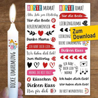 Kerzenstickervorlage mit Muttertags-Motiven für die beste Mama von easy-sticks, präsentiert auf Wachs mit liebevollen Aufschriften und Designs zum Downloaden.