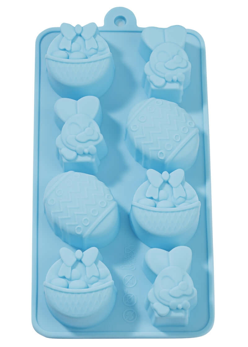 Bunte Silikonform von easy-sticks mit niedlichen Häschen und Ostereiern, ideal für kreative Backideen und Bastelprojekte zu Ostern.