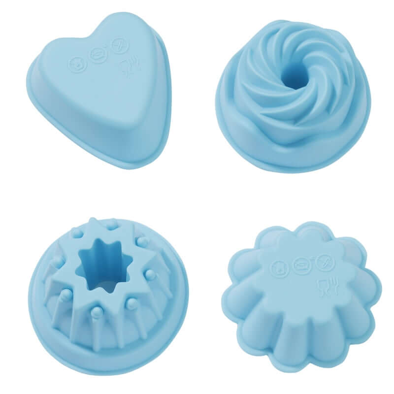 Buntes Silikonformen Set von easy-sticks, bestehend aus 4 verschiedenen Formen: ein Herz, eine Blumengussform und zwei verschiedene Kuchenformen für kreative Backideen.