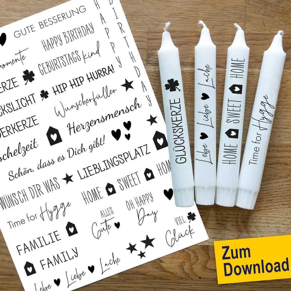 Kerzensticker mit Schriftzügen für jede Gelegenheit für Stabkerzen und Easy-Sticks als PDF zum Downloaden für Wasserschiebefolie