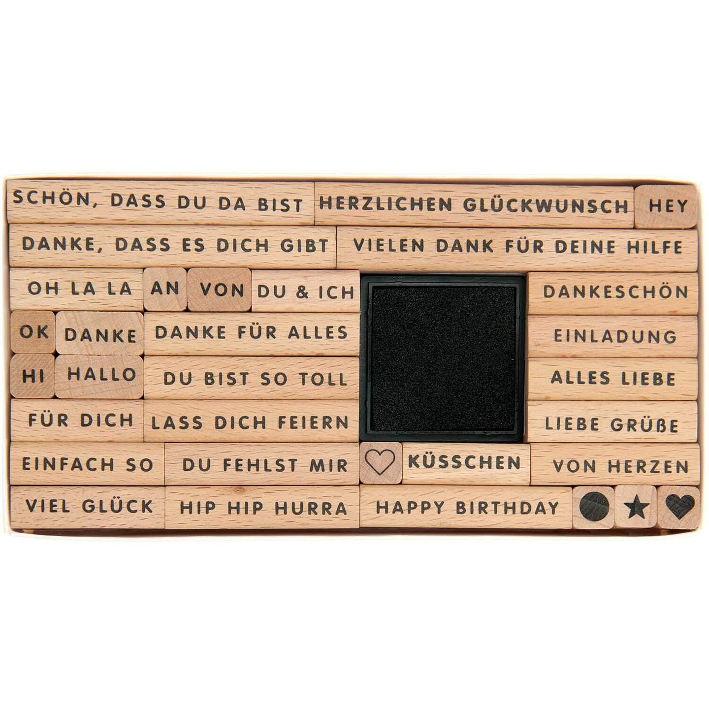 STEMPELSET mit 32 Stempeln und einem Stempelkissen von easy-sticks, ideal für kreative Bastelprojekte und persönliche Gestaltung von Karten und Geschenken.