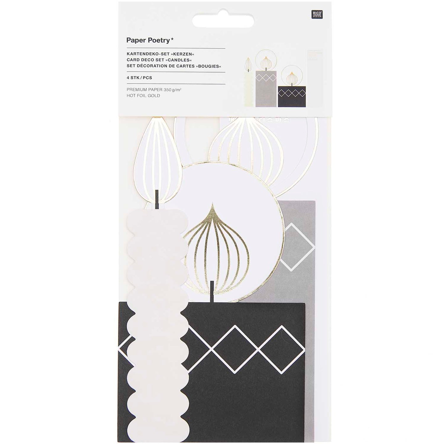 Verpackung des Postkartendeko-Sets Kerzen von easy-sticks, zeigt vier stilvolle Kerzen aus hochwertigem 350 g/m² Papier in schlichtem Design.