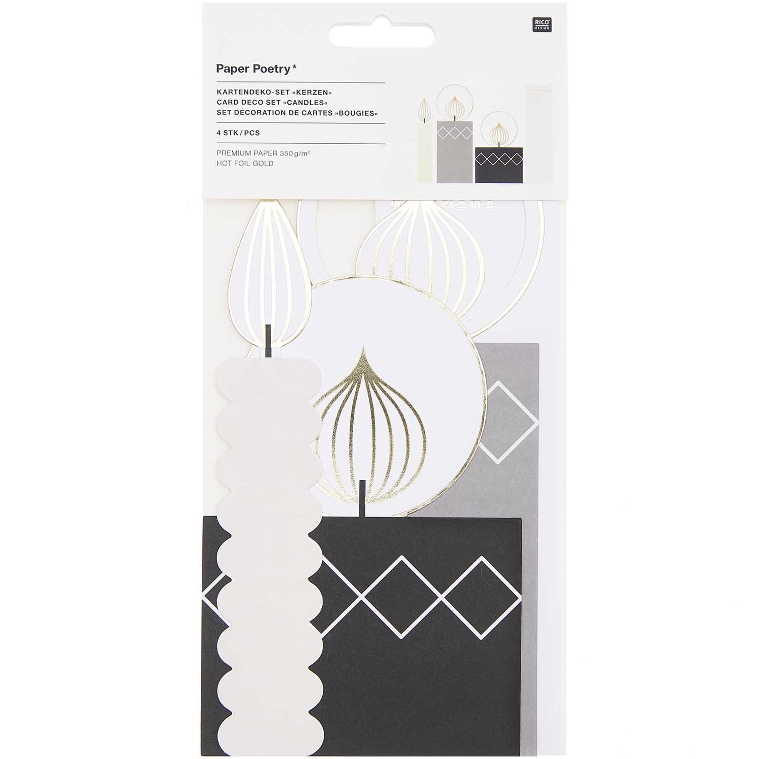 Verpackung des Postkartendeko-Sets Kerzen von easy-sticks, zeigt vier stilvolle Kerzen aus hochwertigem 350 g/m² Papier in schlichtem Design.