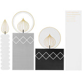 Detailansicht des Postkartendeko-Sets Kerzen von easy-sticks, präsentiert elegante Kerzen mit goldenen Akzenten und minimalistischen Formen.