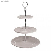 Elegante dreistöckige Etageren mit grauen Kuchenplatten und dekorativem Design für eine ansprechende Dessertpräsentation, hergestellt von easy-sticks unter dem Metall Etageren Bausatz Classic.