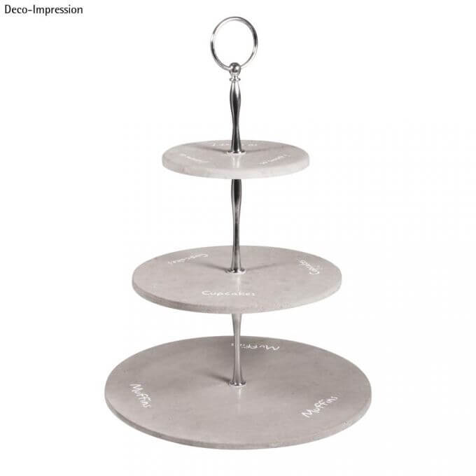 Elegante dreistöckige Etageren mit grauen Kuchenplatten und dekorativem Design für eine ansprechende Dessertpräsentation, hergestellt von easy-sticks unter dem Metall Etageren Bausatz Classic.