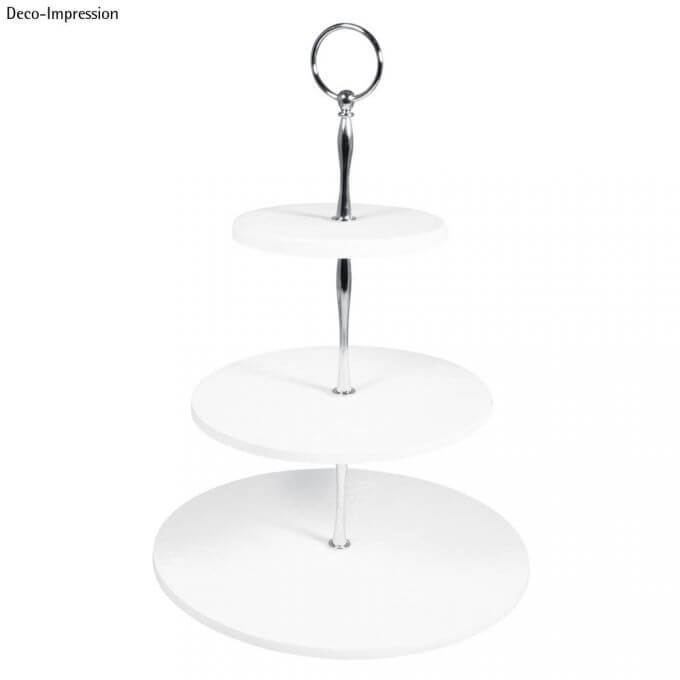 Fertiges Metall Etageren-Design, 3-stufig mit weißen Etagen, ideal für das Servieren von Leckereien, von easy-sticks mit dem Bausatz Metall Etageren Bausatz Classic.