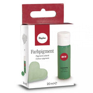 Die ansprechende Verpackung von Rayher Farbpigment in grün, ideal für kreative Bastelideen, Bestandteil der Easy-Sticks Farbpigmente Pulver, SB-Box 20 ml - viele Farben.