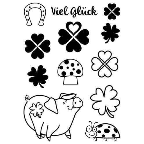Viel Glück Stempel Set von easy-sticks mit 12 transparenten Stempeln. Enthält Motive wie ein Marienkäfer, ein Schwein, Kleeblätter und ein Hufeisen, ideal für kreative Projekte. Größe: A7 (74 x 105 mm).