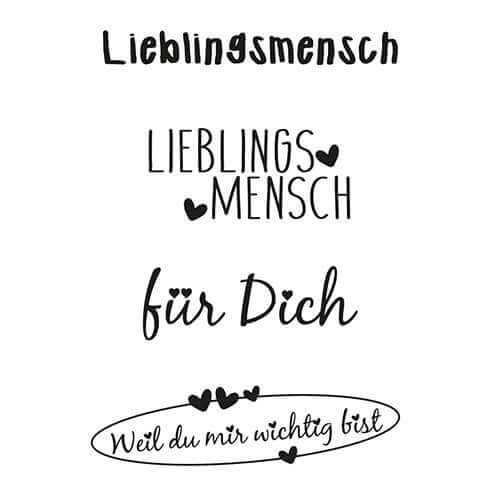 Stempel Clear Set mit dem Titel 'Lieblingsmensch', bestehend aus 4 Teilen, gestaltet von easy-sticks. Zeigt liebevolle Botschaften wie 'für Dich' und 'Weil du mir wichtig bist', ideal für kreative Projekte.