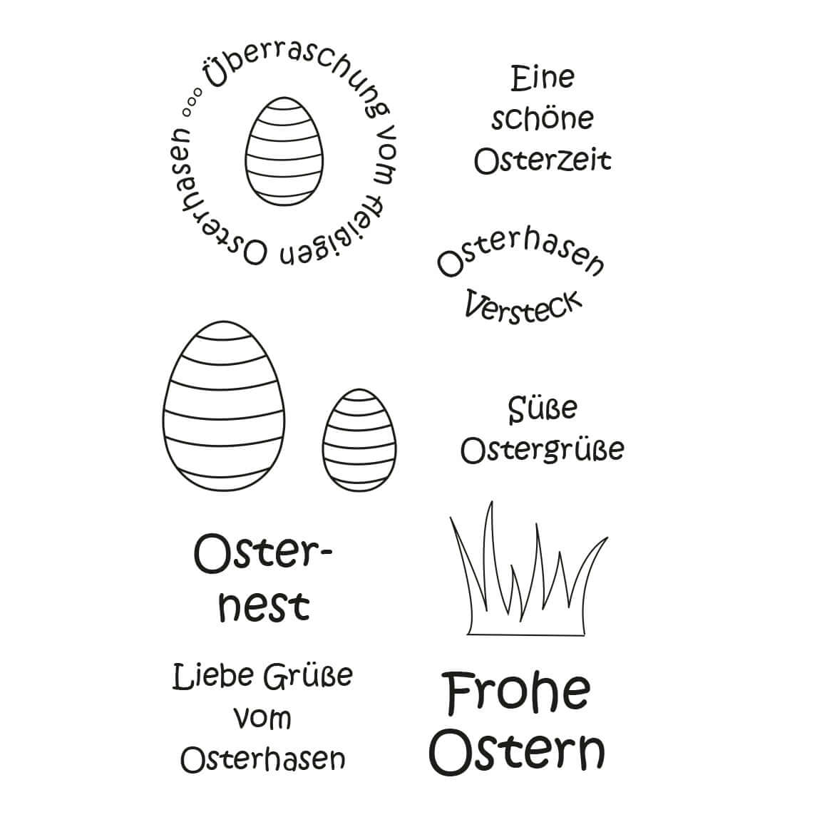 10-teiliges Clear Stempel Set für Ostern von easy-sticks. Die transparenten Stempel zeigen verschiedene österliche Motive wie Ostereier, Osterhasen und fröhliche Sprüche, ideal für die Gestaltung von Karten und Geschenken.