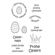 10-teiliges Clear Stempel Set für Ostern von easy-sticks. Die transparenten Stempel zeigen verschiedene österliche Motive wie Ostereier, Osterhasen und fröhliche Sprüche, ideal für die Gestaltung von Karten und Geschenken.