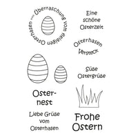 10-teiliges Clear Stempel Set für Ostern von easy-sticks. Die transparenten Stempel zeigen verschiedene österliche Motive wie Ostereier, Osterhasen und fröhliche Sprüche, ideal für die Gestaltung von Karten und Geschenken.