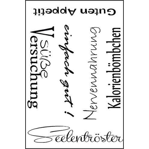 Stempel Set 'Guten Appetit' von easy-sticks, A7 Größe, 6-teilig, transparent, mit verschiedenen kreativen Schriftzügen für die Kartengestaltung