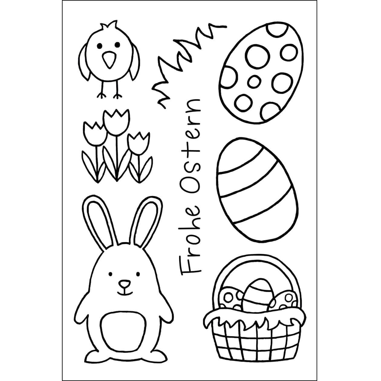 Kreatives Stempelset von easy-sticks mit fröhlichen Ostermotiven. Enthalten sind ein Hase, bunte Ostereier, Tulpen und der Schriftzug 'Frohe Ostern' in einem klaren Design, ideal für kreative Bastelprojekte.