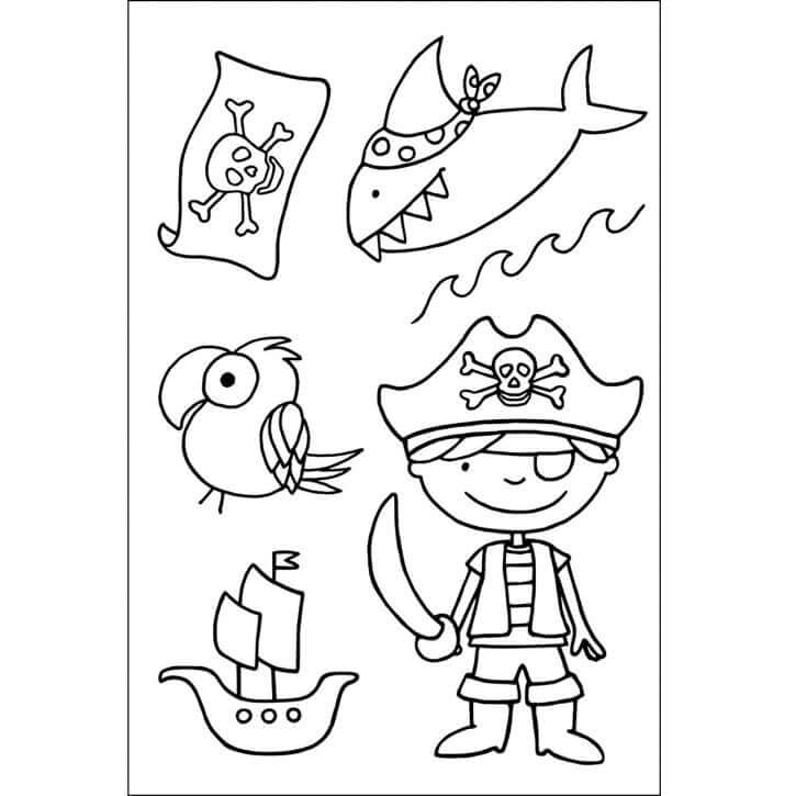 Buntes Piraten-Stempelset von easy-sticks, bestehend aus 6 transparenten Motiven, darunter ein Pirat mit Schwert, ein Schiff, ein Papagei und mehr, ideal für kreative Kindergeburtstagskarten.