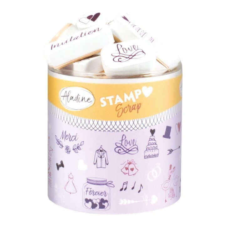Einfallsreiches Hochzeitsstempelset von easy-sticks - STAMPO Scrap mit 44 Stempeln, inklusive schwarzem Stempelkissen, ideal für kreative Hochzeitsgestaltungen.