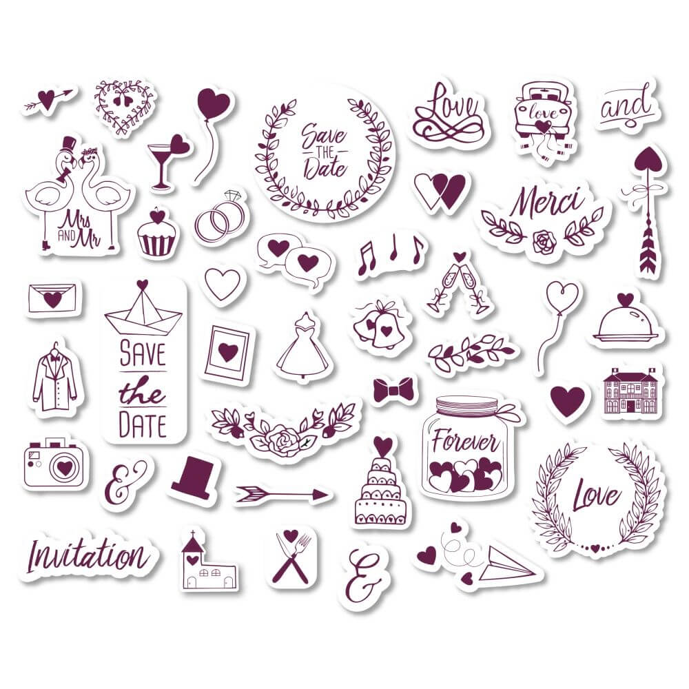 Eine vielfältige Sammlung von Stempelmotiven für Hochzeiten, einschließlich Symbole wie Ringe, Herzen, Brautkleider und Einladungen, perfekt für kreative Hochzeitskarten und Geschenke. Lieferung von easy-sticks mit dem Titel STAMPO Scrap, Stempel /- kissen Hochzeit.