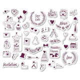 Eine vielfältige Sammlung von Stempelmotiven für Hochzeiten, einschließlich Symbole wie Ringe, Herzen, Brautkleider und Einladungen, perfekt für kreative Hochzeitskarten und Geschenke. Lieferung von easy-sticks mit dem Titel STAMPO Scrap, Stempel /- kissen Hochzeit.