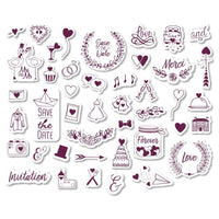 Eine vielfältige Sammlung von Stempelmotiven für Hochzeiten, einschließlich Symbole wie Ringe, Herzen, Brautkleider und Einladungen, perfekt für kreative Hochzeitskarten und Geschenke. Lieferung von easy-sticks mit dem Titel STAMPO Scrap, Stempel /- kissen Hochzeit.